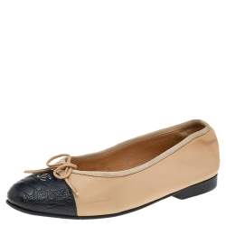 Chanel Beige/Black Leather CC Bow Ballet Flats Size 36.5
