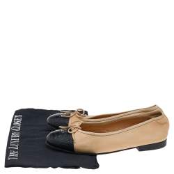 Chanel Beige/Black Leather CC Bow Ballet Flats Size 36.5