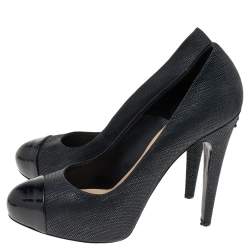 Chanel Black Textured Leather CC Cap Toe Pumps Size 38.5