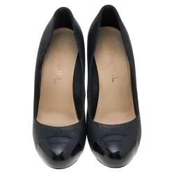 Chanel Black Textured Leather CC Cap Toe Pumps Size 38.5
