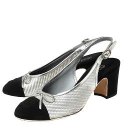 مملوكة مسبقًا صندل شانيل كعب عريض فتحة كعب فيونكة جلد وبي في سي مغزول أسود/ فضي مقاس 36