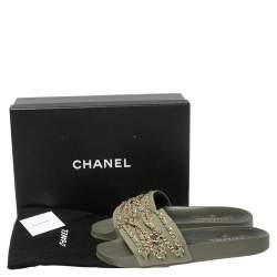 Chanel Khaki Green Fabric Tropiconic Chain Detail Flat Slide Sandals Size 41
