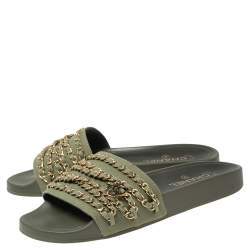 Chanel Khaki Green Fabric Tropiconic Chain Detail Flat Slide Sandals Size 41