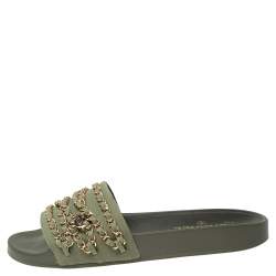 Chanel Khaki Green Fabric Tropiconic Chain Detail Flat Slide Sandals Size 41