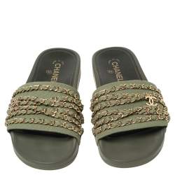 Chanel Khaki Green Fabric Tropiconic Chain Detail Flat Slide Sandals Size 41
