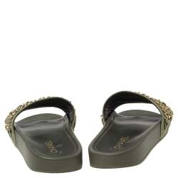 Chanel Khaki Green Fabric Tropiconic Chain Detail Flat Slide Sandals Size 41