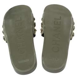 Chanel Khaki Green Fabric Tropiconic Chain Detail Flat Slide Sandals Size 41