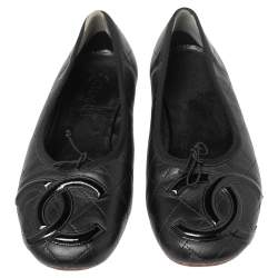 Pre Owned Chanel Black Quilted Leather And Patent CC Ligne Cambon Ballet Flats Size 40