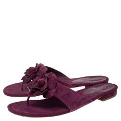 Pre Owned صندل سلايد فلات شانيل سويدي أرجواني مزين كاميليا مزخرف شعار الماركة سي سي مقاس 40