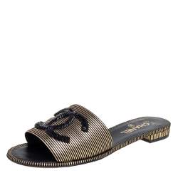 Chanel Black/Gold Leather Beaded CC Flat Slide Sandals Size 40.5