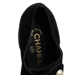 Chanel Black Suede and Patent Leather Pearl Detail Block Heel Oxford Pumps Size 39