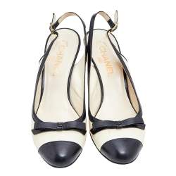 Chanel Off White/Black Leather Cap Toe Slingback Sandals Size 38 