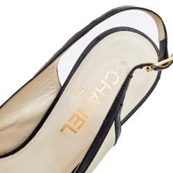 Chanel Off White/Black Leather Cap Toe Slingback Sandals Size 38 