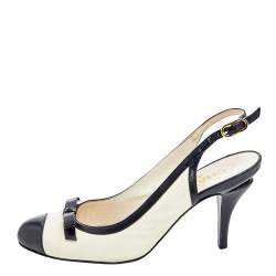 Chanel Off White/Black Leather Cap Toe Slingback Sandals Size 38 