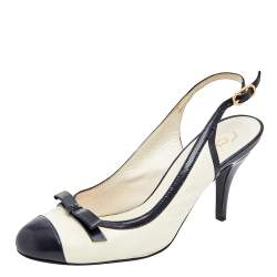 Chanel Off White/Black Leather Cap Toe Slingback Sandals Size 38 