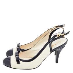 Chanel Off White/Black Leather Cap Toe Slingback Sandals Size 38 
