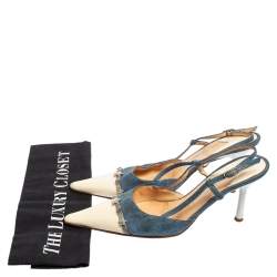 Pre Owned Chanel Blue/Cream Denim And Leather Crystal Embellished Pointed Toe Slingback Sandals Size 38