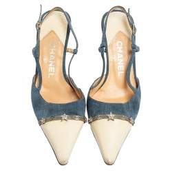 Pre Owned Chanel Blue/Cream Denim And Leather Crystal Embellished Pointed Toe Slingback Sandals Size 38