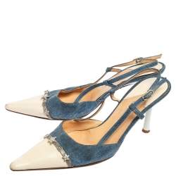 Pre Owned Chanel Blue/Cream Denim And Leather Crystal Embellished Pointed Toe Slingback Sandals Size 38