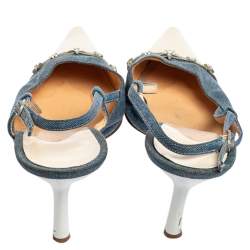 Pre Owned Chanel Blue/Cream Denim And Leather Crystal Embellished Pointed Toe Slingback Sandals Size 38