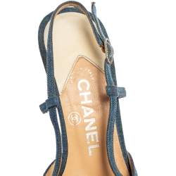 Pre Owned Chanel Blue/Cream Denim And Leather Crystal Embellished Pointed Toe Slingback Sandals Size 38