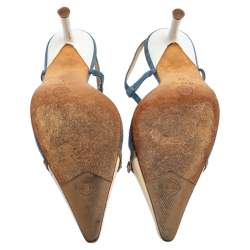 Pre Owned Chanel Blue/Cream Denim And Leather Crystal Embellished Pointed Toe Slingback Sandals Size 38