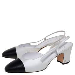 مملوكة مسبقًا Chanel White/Black Leather CC Slingback Sandals Size 40.5