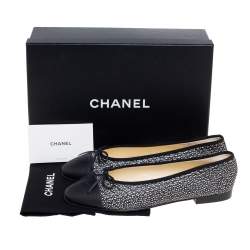 Pre Owned Chanel Black Textured Leather and Karung Leather CC Cap Toe Bow Ballet Flats Size 40.5 