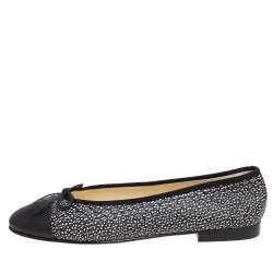 Pre Owned Chanel Black Textured Leather and Karung Leather CC Cap Toe Bow Ballet Flats Size 40.5 