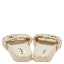 Pre Owned Chanel White Pearl CC Flat Slides Size 36