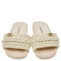 Pre Owned Chanel White Pearl CC Flat Slides Size 36