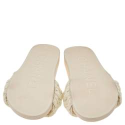 Pre Owned Chanel White Pearl CC Flat Slides Size 36