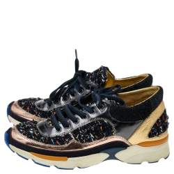 Pre Owned Chanel Multicolor Tweed And Leather Low Top Sneakers Size 36