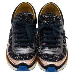 Pre Owned Chanel Multicolor Tweed And Leather Low Top Sneakers Size 36
