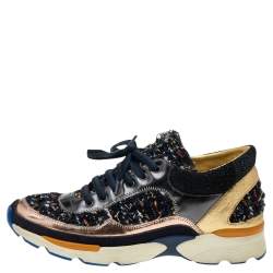 Pre Owned Chanel Multicolor Tweed And Leather Low Top Sneakers Size 36