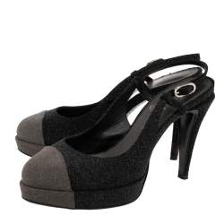 Pre Owned Chanel Black/Grey Glitter Cap Toe Slingback Platform Sandals Size 38