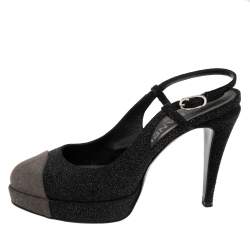 Pre Owned Chanel Black/Grey Glitter Cap Toe Slingback Platform Sandals Size 38