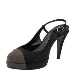 Pre Owned Chanel Black/Grey Glitter Cap Toe Slingback Platform Sandals Size 38