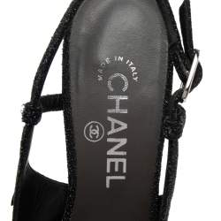 Pre Owned Chanel Black/Grey Glitter Cap Toe Slingback Platform Sandals Size 38