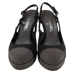 Pre Owned Chanel Black/Grey Glitter Cap Toe Slingback Platform Sandals Size 38