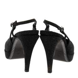Pre Owned Chanel Black/Grey Glitter Cap Toe Slingback Platform Sandals Size 38