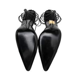 مملوكة مسبقًا Chanel Black Leather And Satin Birdcage Pointed Toe Ankle Tie Sandals Size 38.5