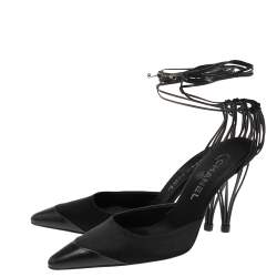 مملوكة مسبقًا Chanel Black Leather And Satin Birdcage Pointed Toe Ankle Tie Sandals Size 38.5