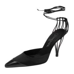 مملوكة مسبقًا Chanel Black Leather And Satin Birdcage Pointed Toe Ankle Tie Sandals Size 38.5
