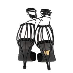 مملوكة مسبقًا Chanel Black Leather And Satin Birdcage Pointed Toe Ankle Tie Sandals Size 38.5