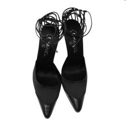مملوكة مسبقًا Chanel Black Leather And Satin Birdcage Pointed Toe Ankle Tie Sandals Size 38.5