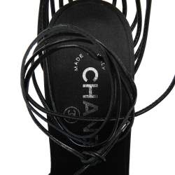 مملوكة مسبقًا Chanel Black Leather And Satin Birdcage Pointed Toe Ankle Tie Sandals Size 38.5