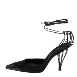 مملوكة مسبقًا Chanel Black Leather And Satin Birdcage Pointed Toe Ankle Tie Sandals Size 38.5