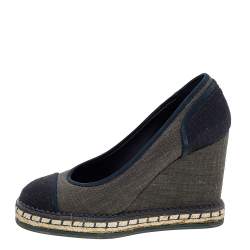 Pre Owned حذاء كعب عالي شانيل كانفاس سي سي رصاصي/أزرق داكن مقدمة منفصلة كعب روكي مقاس 38