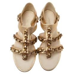 Pre Owned Chanel Gold Leather Interlocking Chain Embellished CC Logo Leather Sandals Size 36.5